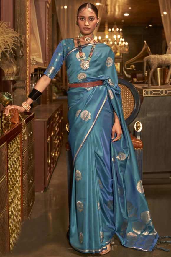 Trending Zari Embroidered Silk Sea Blue Saree|SARV110203