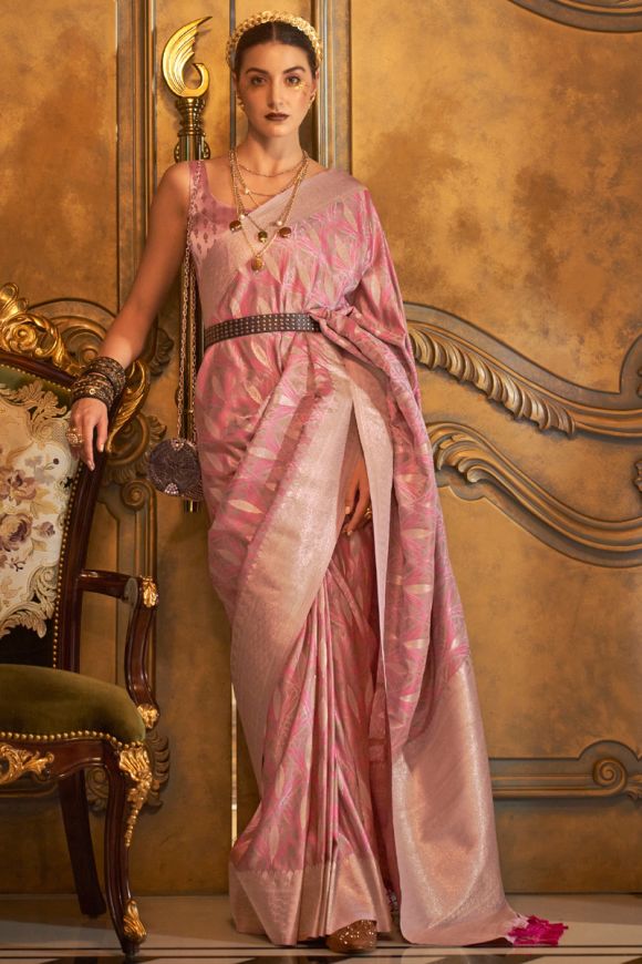 Peach Partywear Foil Print & Embroidered Pure Satin Saree