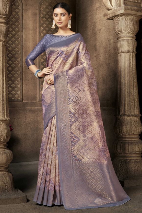 Lavender and purple color hand bandhej silk saree with zari weaving work