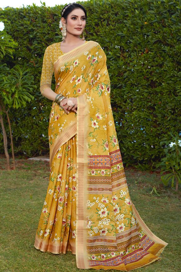 Buy Yellow Pure Plain Cotton Linen Saree-UNM75041 Online at  Unnatisilks.com|UNM75041