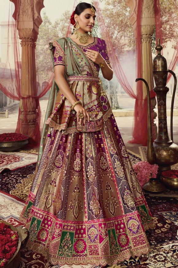 Heavy Embroidered Purple Silk Bridal Lehenga Choli With Bridal Blouse