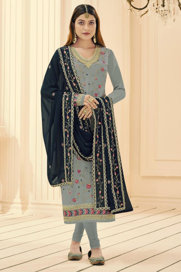 Grey Colour Punjabi Party Wear Sharara Suits with Red Dupatta