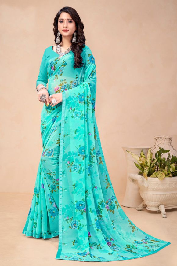 Cyan Color Fancy Work Art Silk Fabric Charming Look Saree