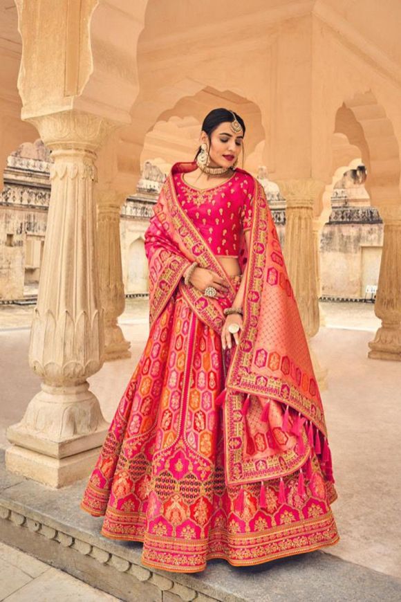 Banarasi Silk Fabric Pink Color Excellent Lehenga In Wedding Wear