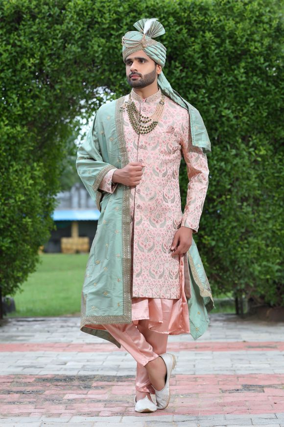 Elegant Designer Grooms Sherwani in White Jamawar #GN14 | Indian groom wear,  Sherwani groom, Groom dress men