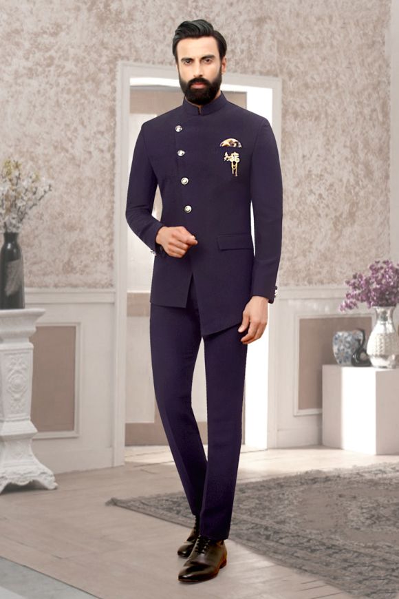 Mens Navy Blue 2 Pc Jodhpuri Suit with Breeches For Groom | Paridhanin