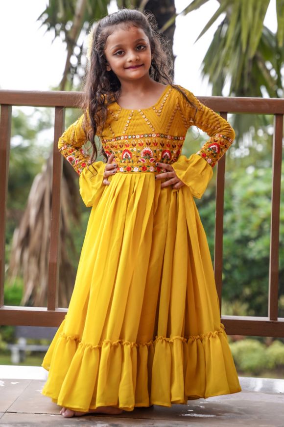 Party Wear Yellow Color Shibori Print With Embroidered Gown