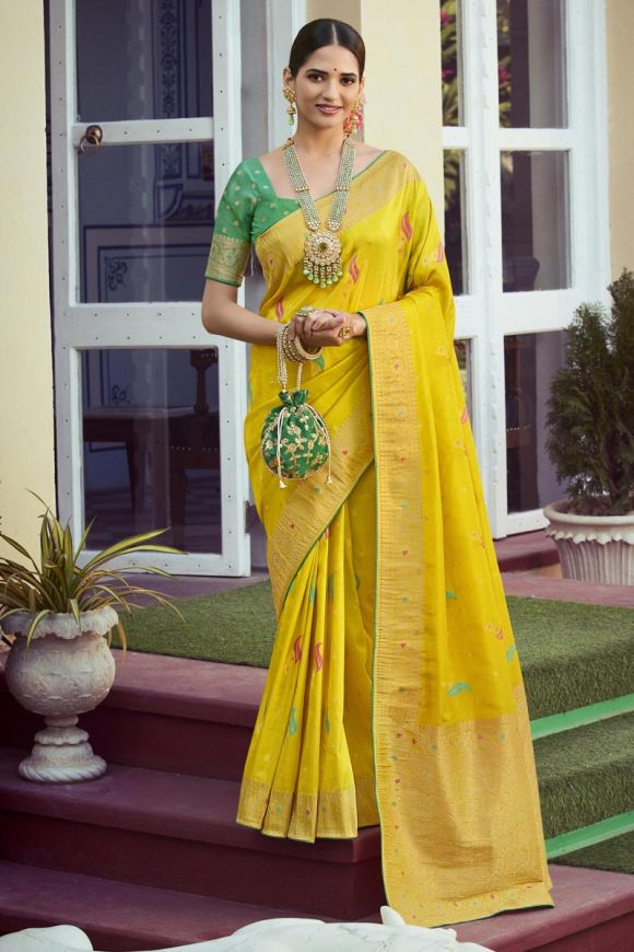 Yellow Traditional Wear Silk Saree In Zari Work