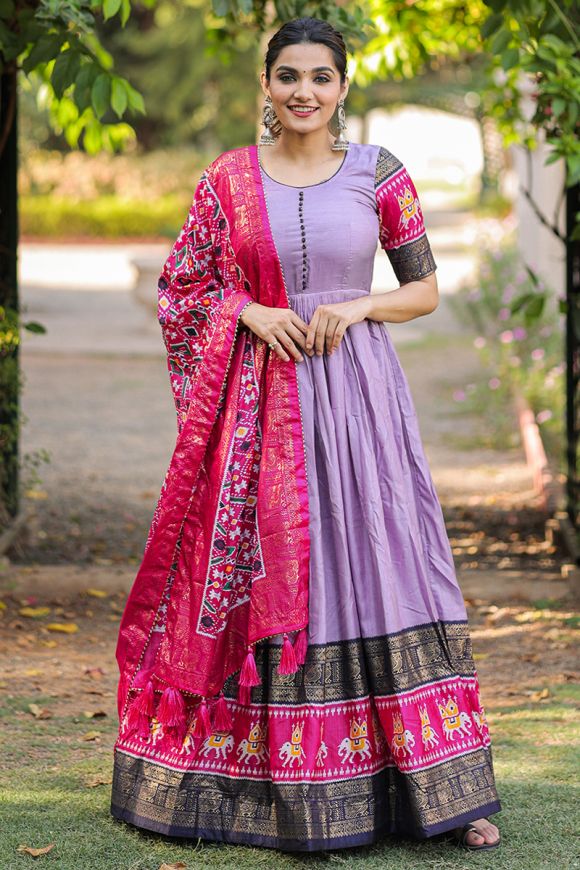 Lavender Sequins Embroidered Pure Cotton Gown With Koti