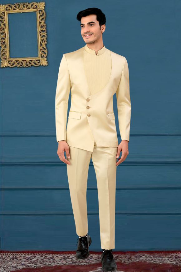 Beige Color Fancy Fabric Reception Wear Jodhpuri Suit For Men