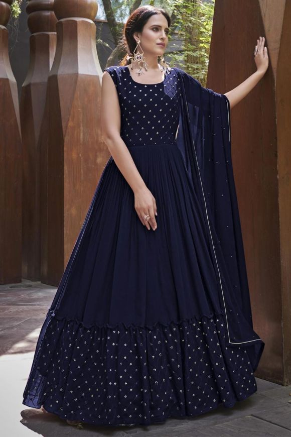 Midnight blue one shoulder gown with attached dupatta – Sanya Gulati