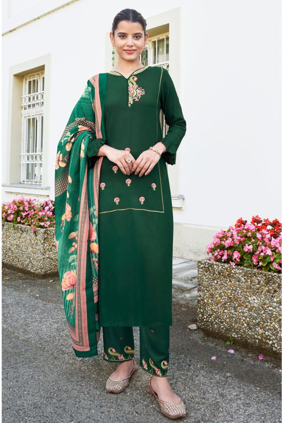 Tempting Dark Green Color Rayon Fabric Embroidered Readymade Short Kurti-nttc.com.vn