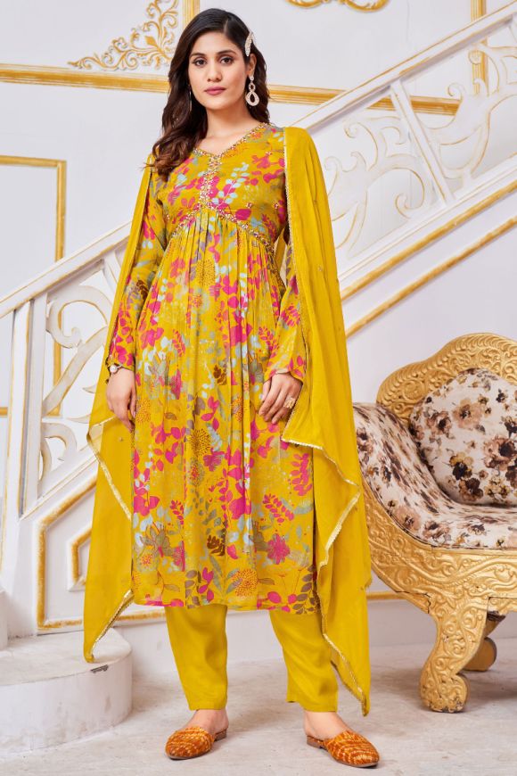 Yellow Heavy Designer Party Wear Faux Georgette Suit at Rs 2049/piece in  Surat