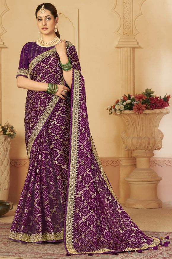 Medha Bandhani Print Saree With Blouse | Purple, Bandhani, Silk Crepe, V  Neck, Half | Blouses for women, Aza fashion, Purple saree