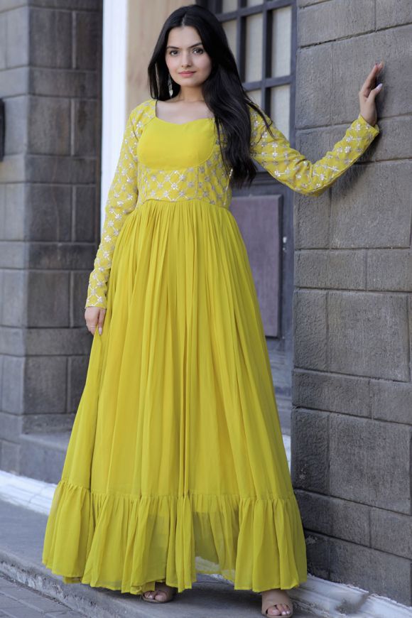 Captivating Yellow Color tapera Party Wear Gowns Dress | 342840567 |  Heenastyle