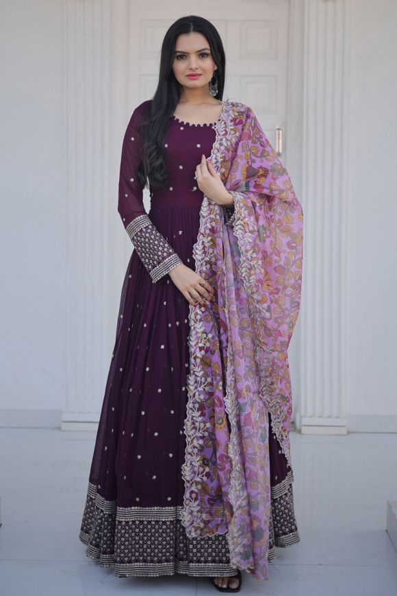 Full Sleeve With Potli Button Wine Color Gown - Clothsvilla