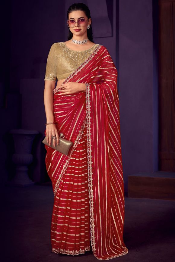 Shop Red Georgette Embroidered N Stones Work Saree Festive Wear Online at  Best Price | Cbazaar