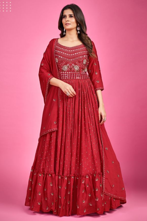 Red Foil Print Anrkali Gown Pent Dupatta Set – Shivansh Fab