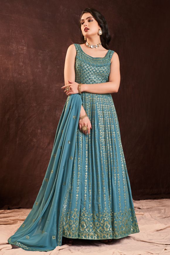 Sky Blue Color Net Designer Abaya Style Pakistani Long Gown Dress |  Heenastyle