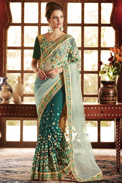 Sea Green Color Designer Net-Georgette Saree with Blouse